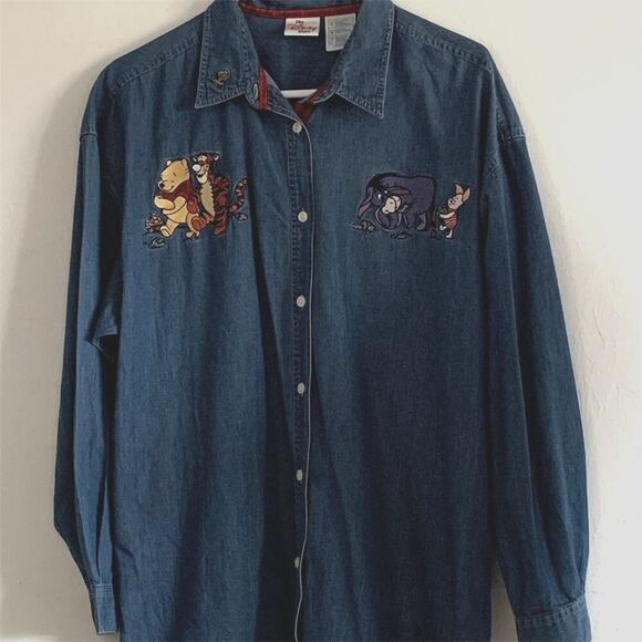 Women Denim Shirt Winnie the Pooh‎ & Eeyore Embroidered Large - Picture 1 of 13